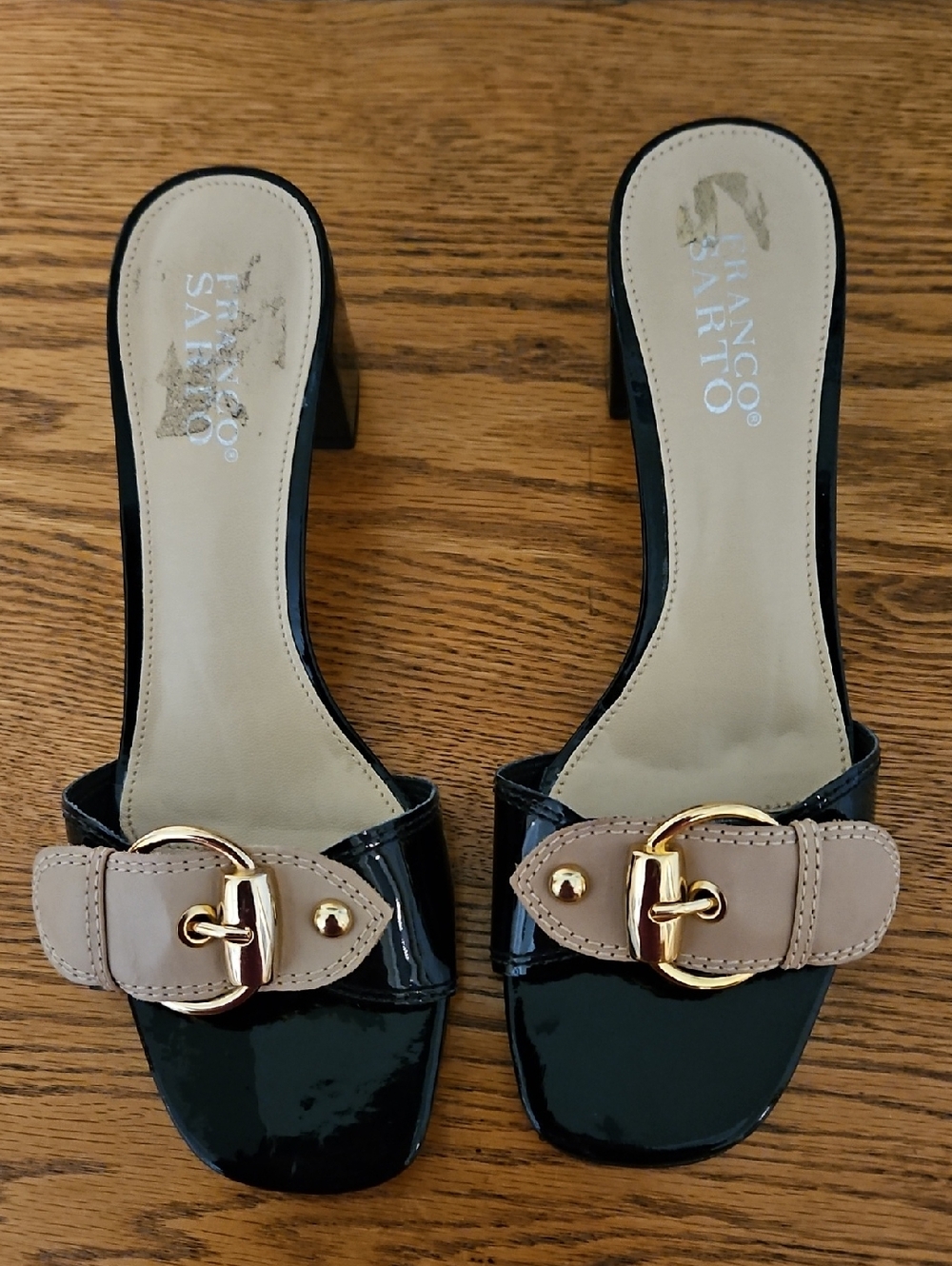 Franco Sarto Black and Beige Buckle Mule Sandals NWOT - Picture 2 of 9